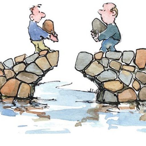 Two people building a bridge, symbolizing English to Spanish translation and clear communication