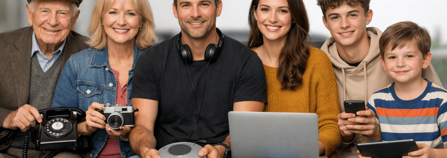 Ilustración de distintas generaciones representadas por personas de diferentes edades: baby boomers, generación X, millennials, generación Z y generación alfa.