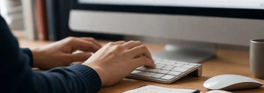 Traductor trabajando en una computadora con notas y recursos durante el proceso de traducción y revisión de un texto