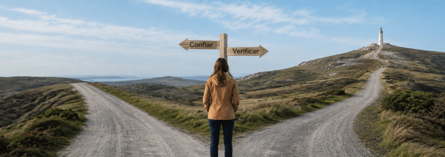 Persona detenida en un cruce de caminos con dos carteles, “Confiar” y “Verificar”, que representa la importancia del criterio humano al utilizar inteligencia artificial en la traducción.