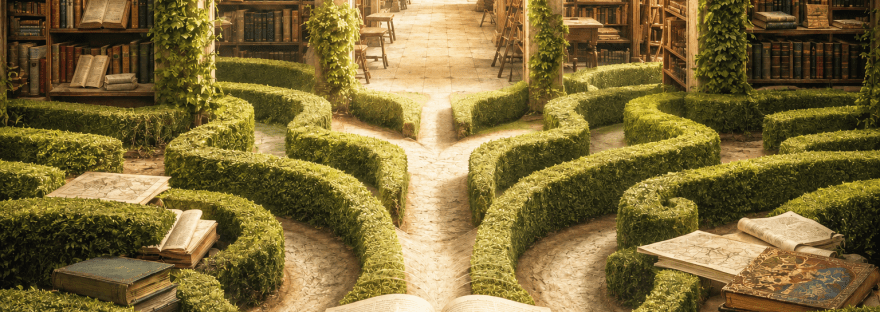Jardín laberíntico que se transforma en una biblioteca, inspirado en el universo literario de Borges.