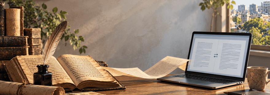Escritorio de traducción que conecta un manuscrito antiguo con una computadora moderna, como símbolo de la historia de la traducción y su evolución hasta la actualidad.